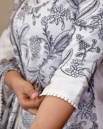 Super Net Suit Set: Graceful 3-Pc Embroidered Dresswear-Navy Blue Thread Work