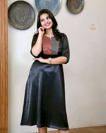 Mashru Silk A-Line Kurti with Vibrant Patchwork Yoke-Black