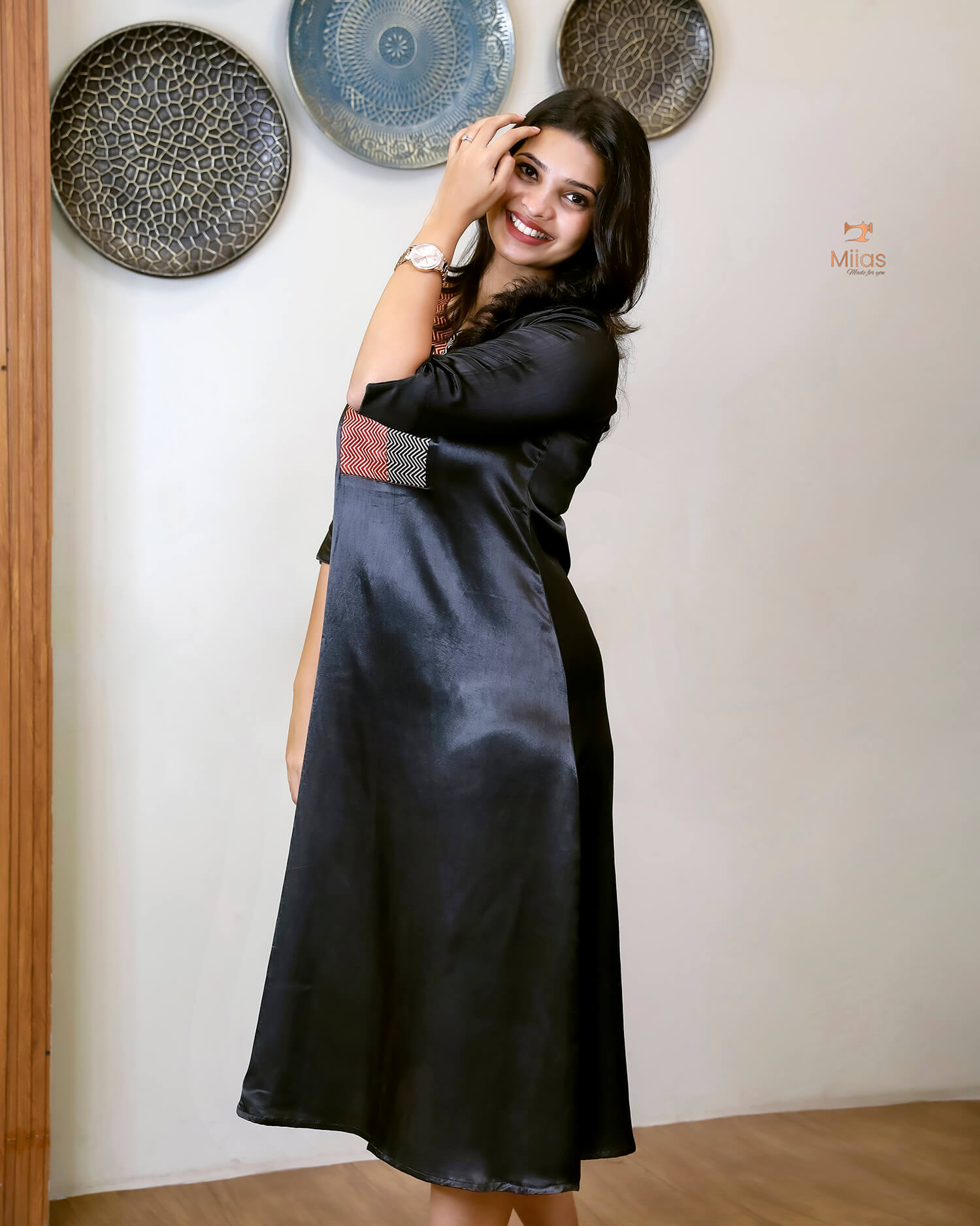 Mashru Silk A-Line Kurti with Vibrant Patchwork Yoke-Black