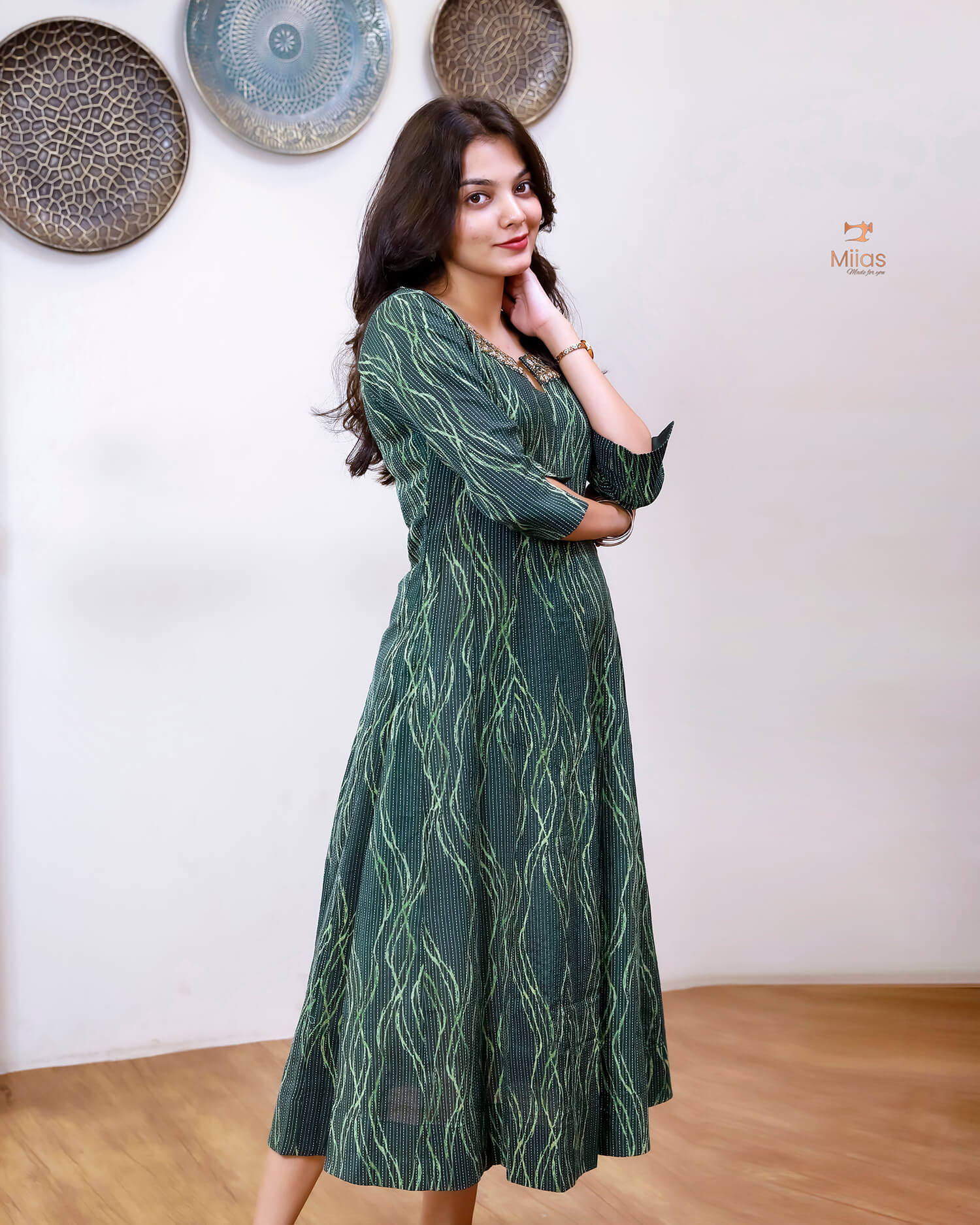 Kantha Cotton | Panel Kurti | Beaded Neckline | Bottle Green