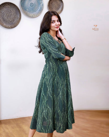Kantha Cotton | Panel Kurti | Beaded Neckline | Bottle Green