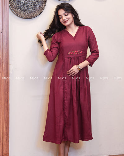 Flex Cotton 3-Panel Dress Kurti | Bullion Rose + Lace | Berry