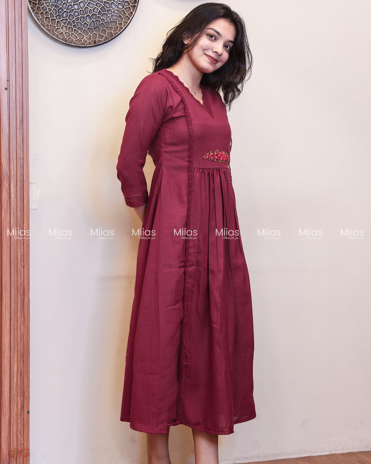 Flex Cotton 3-Panel Dress Kurti | Bullion Rose + Lace | Berry