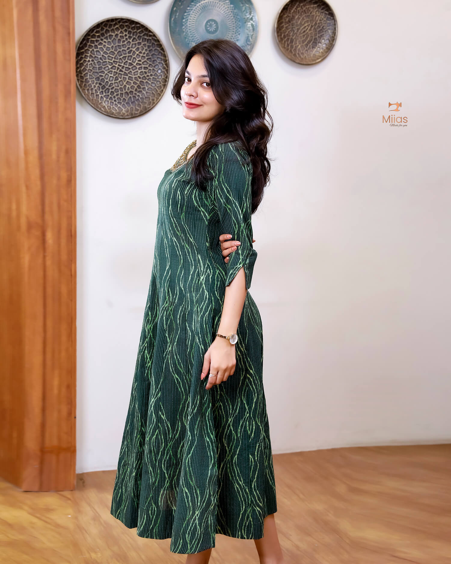 Kantha Cotton | Panel Kurti | Beaded Neckline | Bottle Green