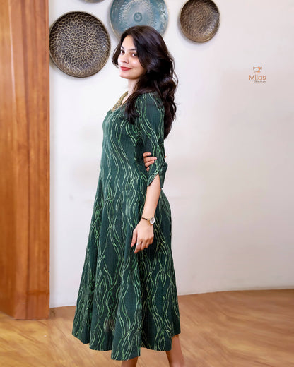 Kantha Cotton | Panel Kurti | Beaded Neckline | Bottle Green