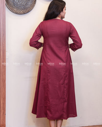 Flex Cotton 3-Panel Dress Kurti | Bullion Rose + Lace | Berry