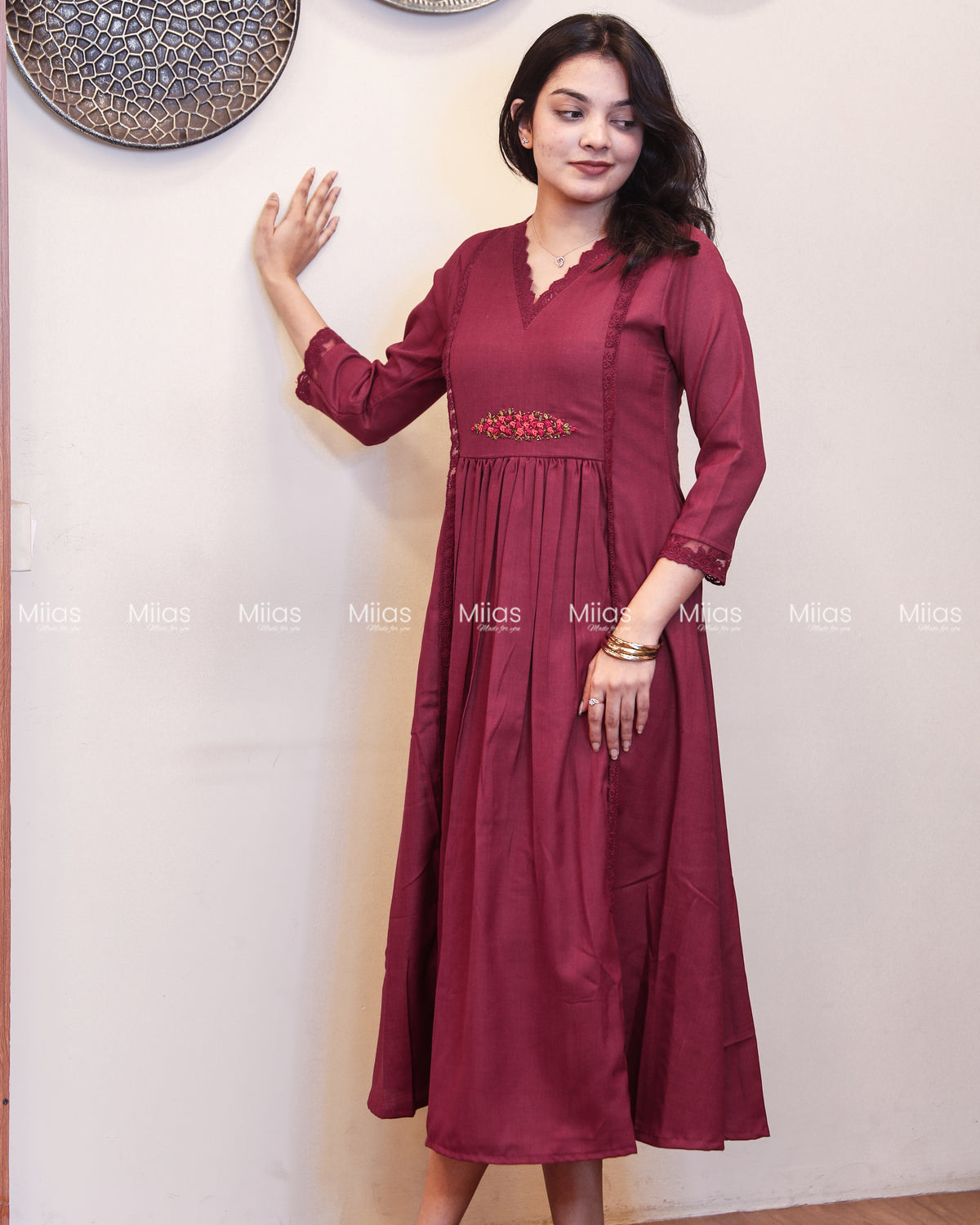 Flex Cotton 3-Panel Dress Kurti | Bullion Rose + Lace | Berry