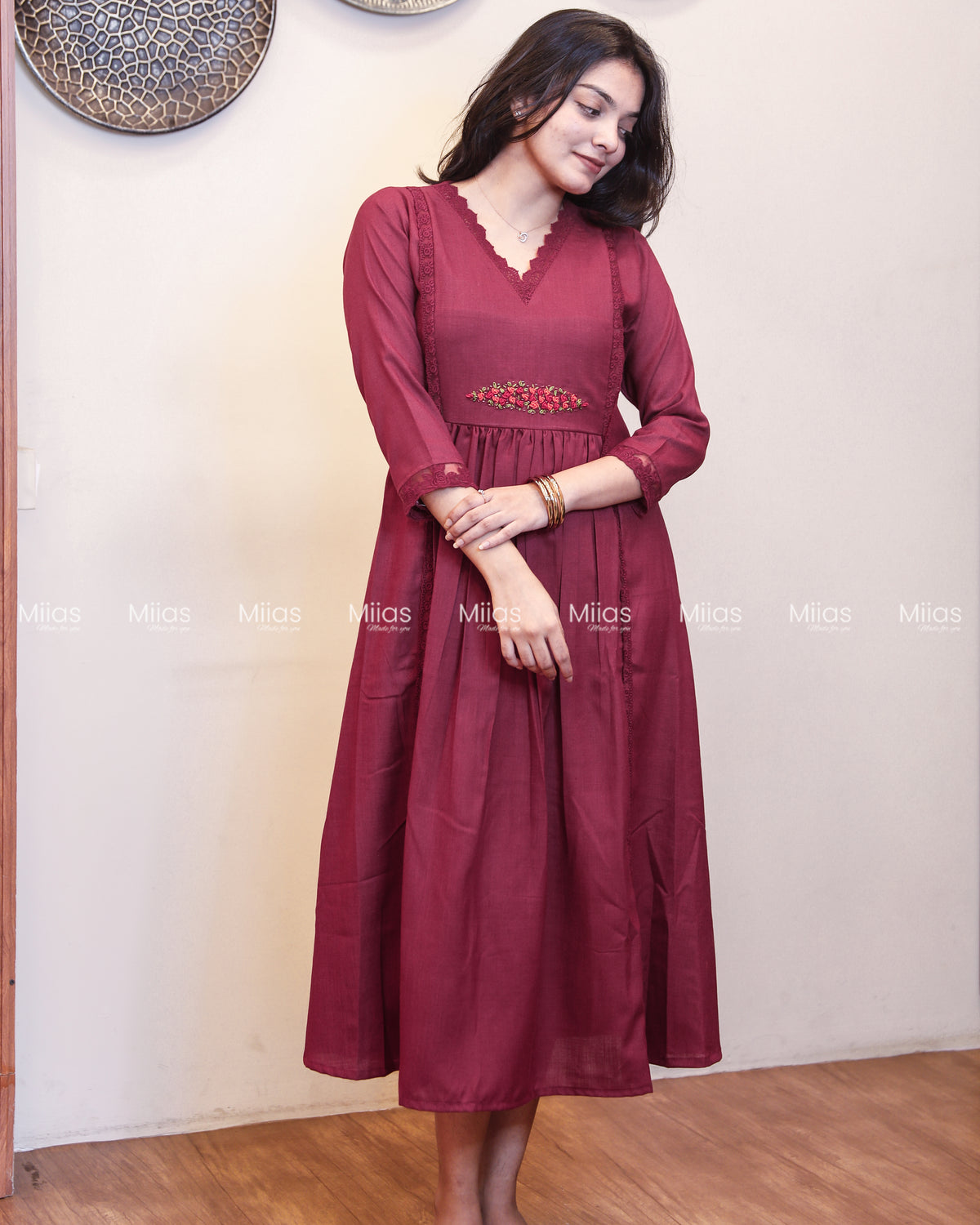 Flex Cotton 3-Panel Dress Kurti | Bullion Rose + Lace | Berry