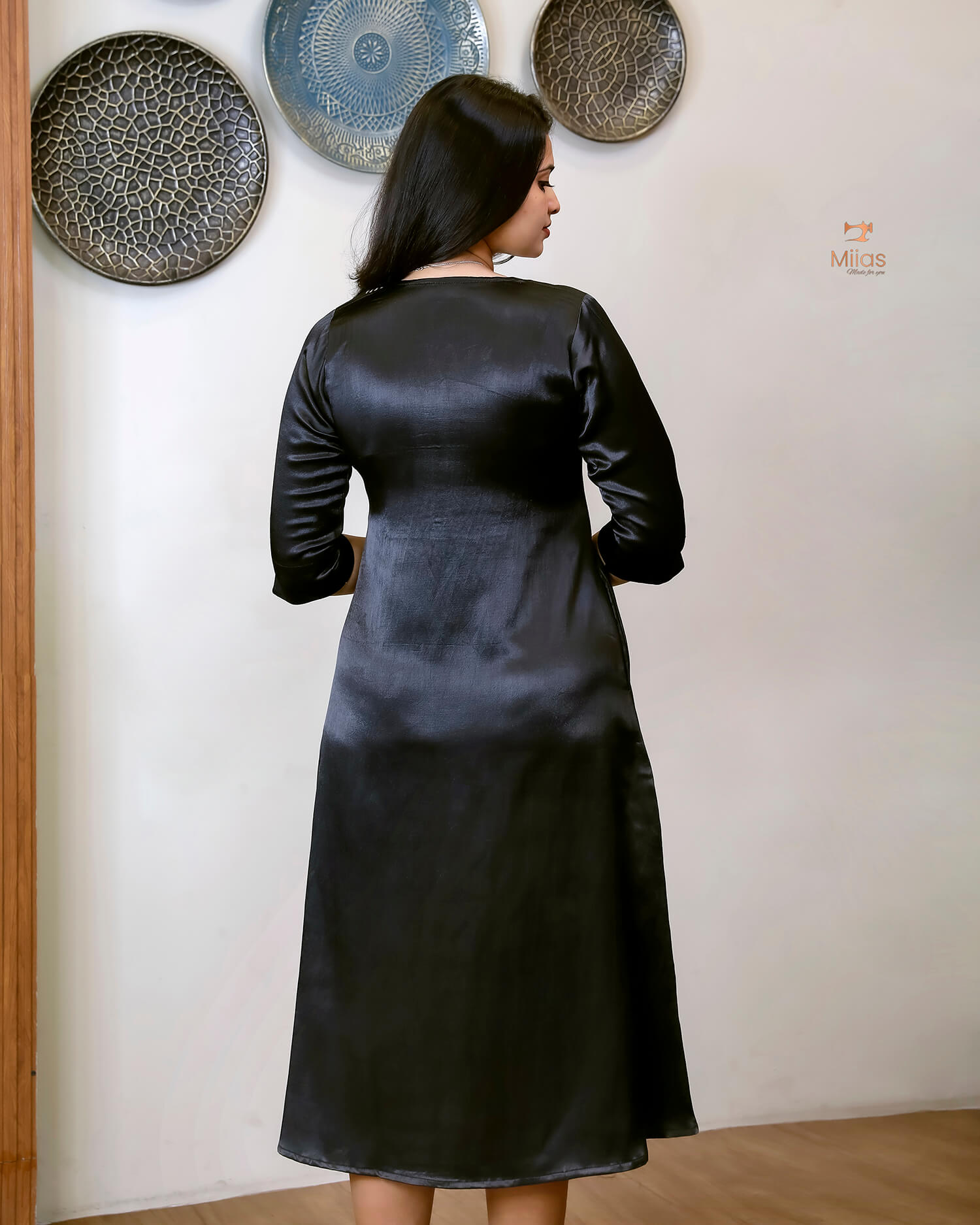 Mashru Silk A-Line Kurti with Vibrant Patchwork Yoke-Black