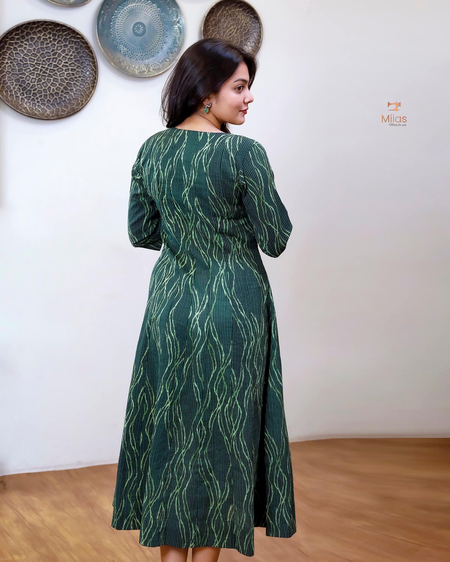 Kantha Cotton | Panel Kurti | Beaded Neckline | Bottle Green