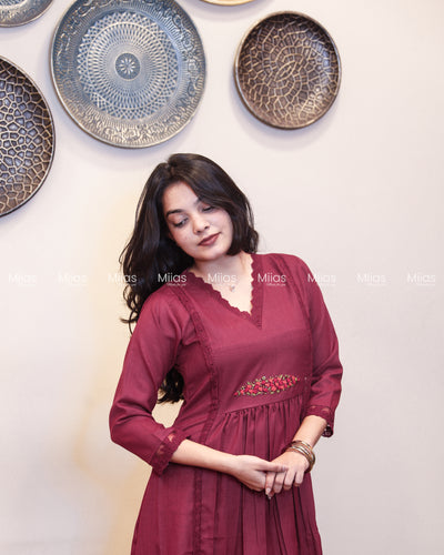 Flex Cotton 3-Panel Dress Kurti | Bullion Rose + Lace | Berry