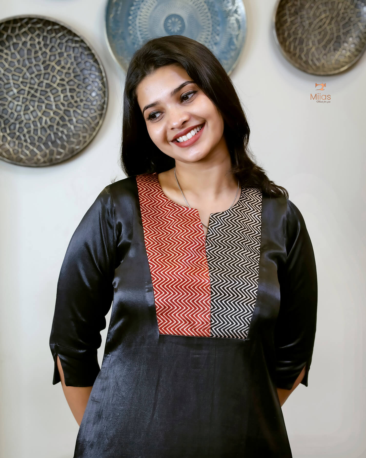 Mashru Silk A-Line Kurti with Vibrant Patchwork Yoke-Black