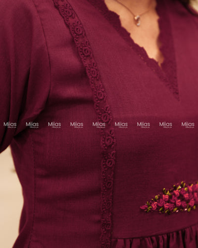 Flex Cotton 3-Panel Dress Kurti | Bullion Rose + Lace | Berry