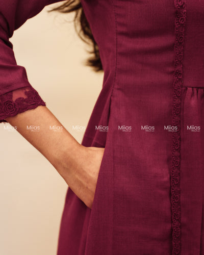 Flex Cotton 3-Panel Dress Kurti | Bullion Rose + Lace | Berry