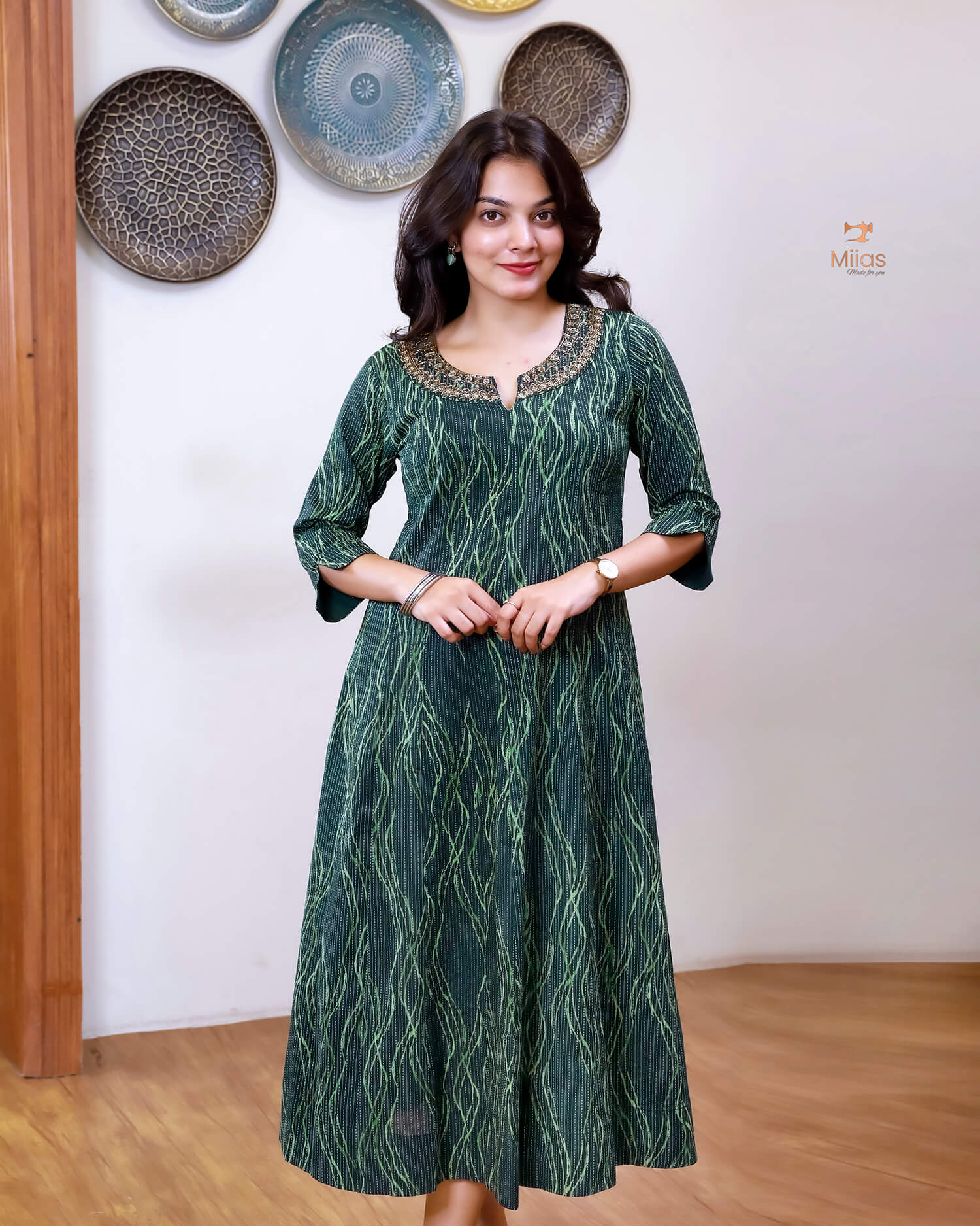 Kantha Cotton | Panel Kurti | Beaded Neckline | Bottle Green