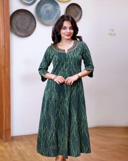 Kantha Cotton | Panel Kurti | Beaded Neckline | Bottle Green