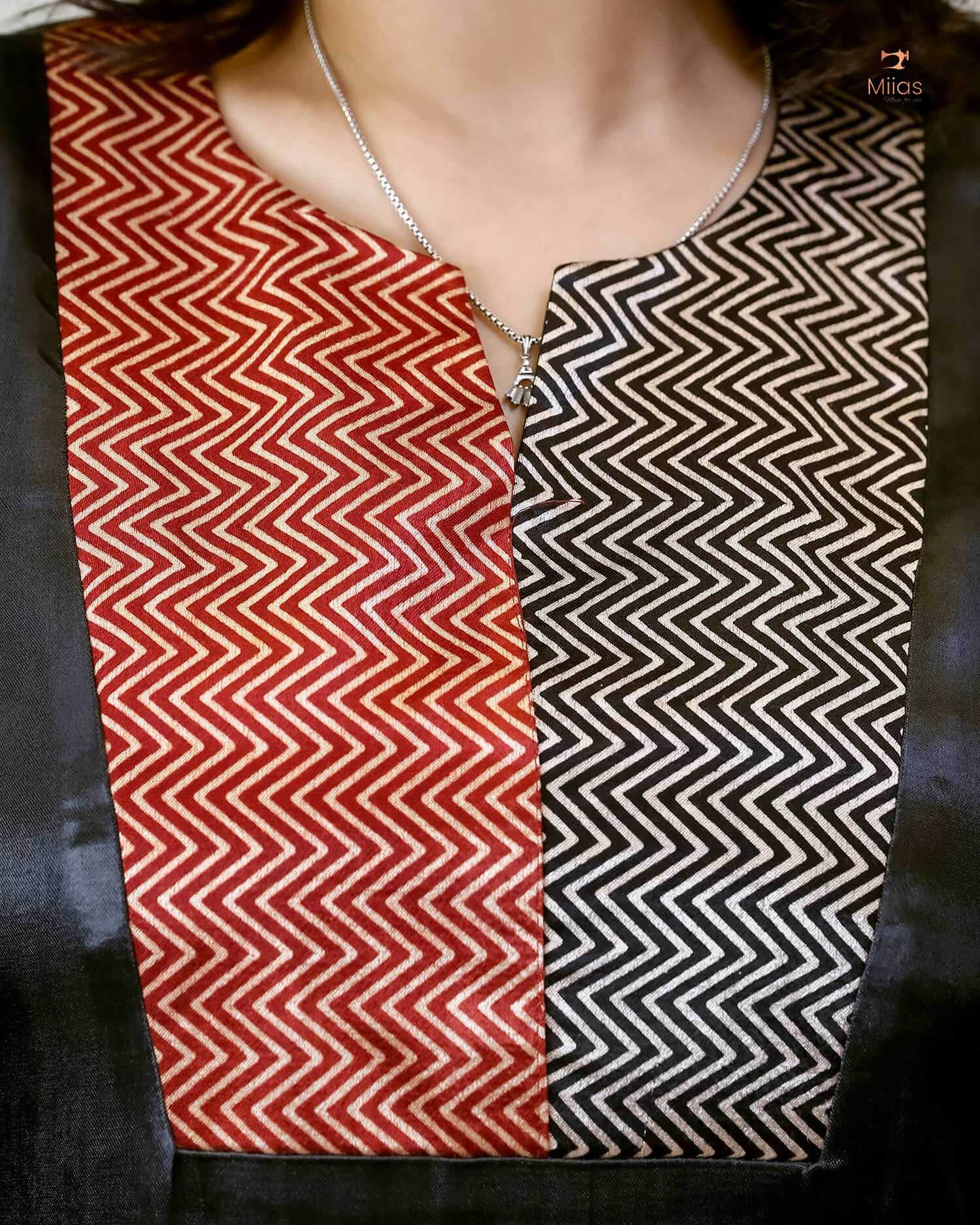 Mashru Silk A-Line Kurti with Vibrant Patchwork Yoke-Black