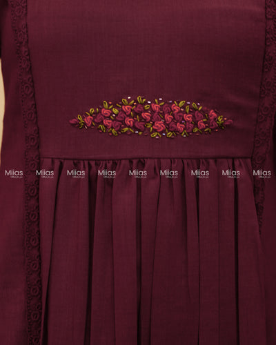 Flex Cotton 3-Panel Dress Kurti | Bullion Rose + Lace | Berry