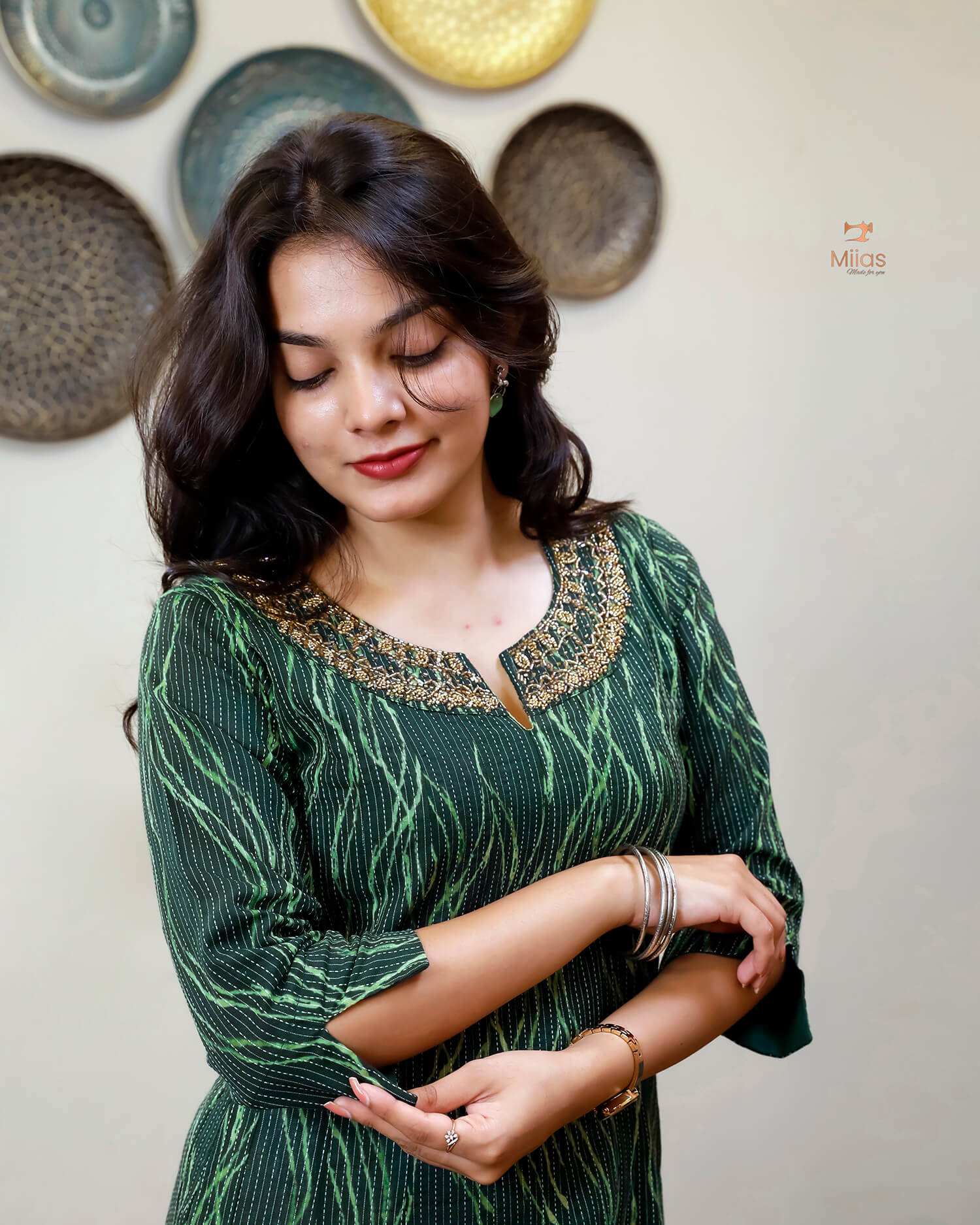 Kantha Cotton | Panel Kurti | Beaded Neckline | Bottle Green