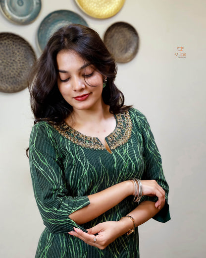 Kantha Cotton | Panel Kurti | Beaded Neckline | Bottle Green