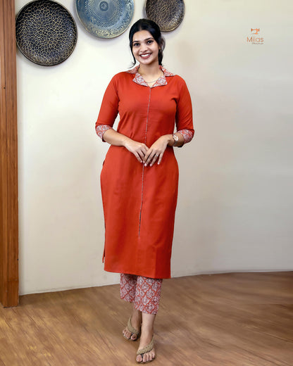 Cotton Co-ord Set with Double Collar & Printed Borders