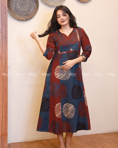 Cotton 5-Panel Kurti | Ajrakh Dual-Tone + Square Yoke Border | Blue & Brick Red