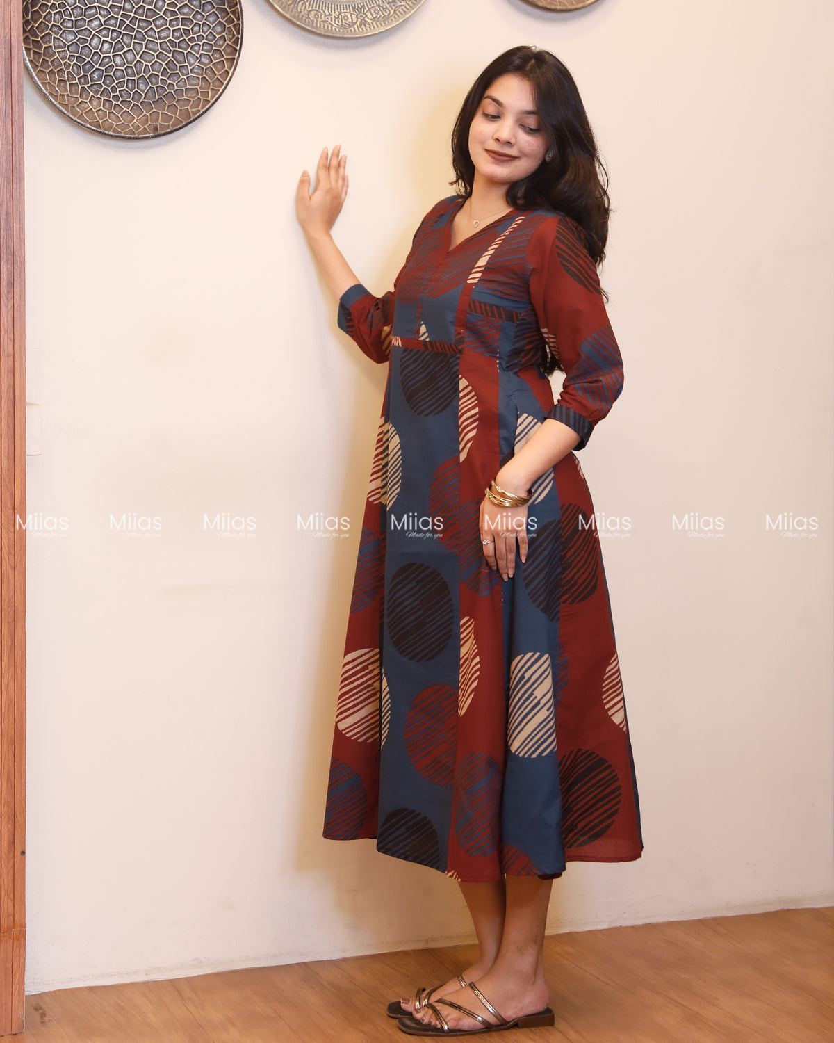 Cotton 5-Panel Kurti | Ajrakh Dual-Tone + Square Yoke Border | Blue & Brick Red