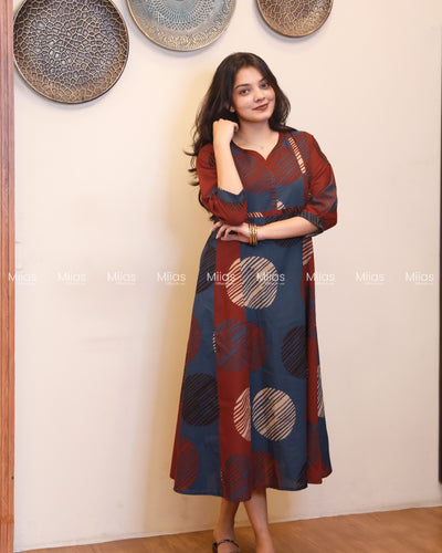 Cotton 5-Panel Kurti | Ajrakh Dual-Tone + Square Yoke Border | Blue & Brick Red