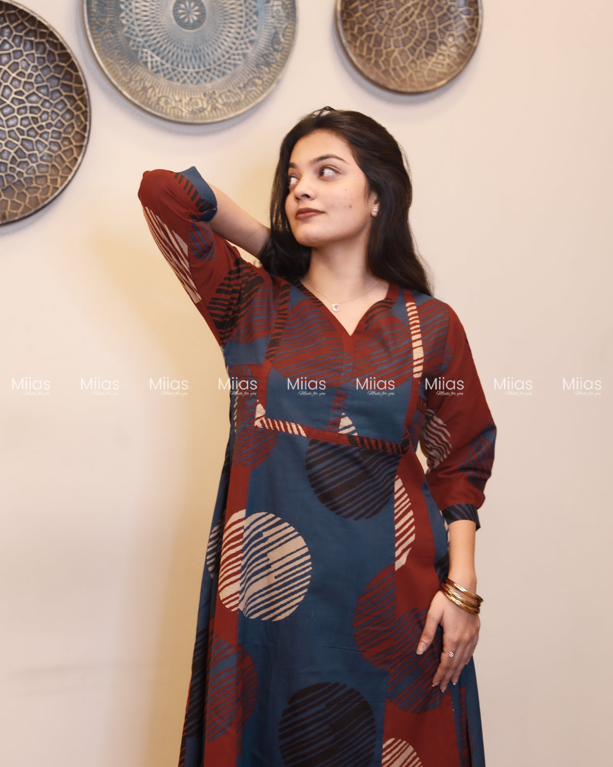 Cotton 5-Panel Kurti | Ajrakh Dual-Tone + Square Yoke Border | Blue & Brick Red
