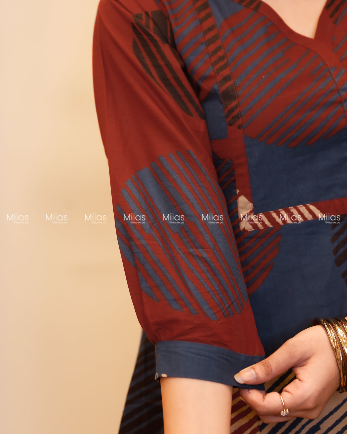 Cotton 5-Panel Kurti | Ajrakh Dual-Tone + Square Yoke Border | Blue & Brick Red