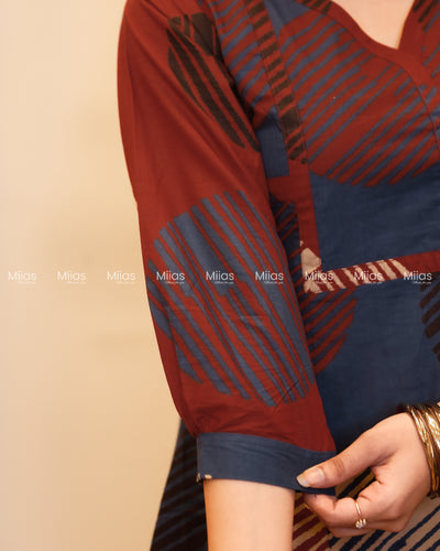 Cotton 5-Panel Kurti | Ajrakh Dual-Tone + Square Yoke Border | Blue & Brick Red