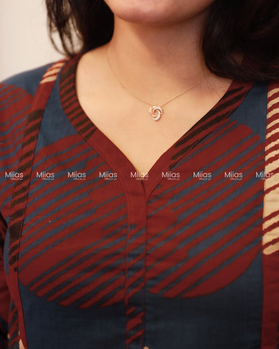 Cotton 5-Panel Kurti | Ajrakh Dual-Tone + Square Yoke Border | Blue & Brick Red