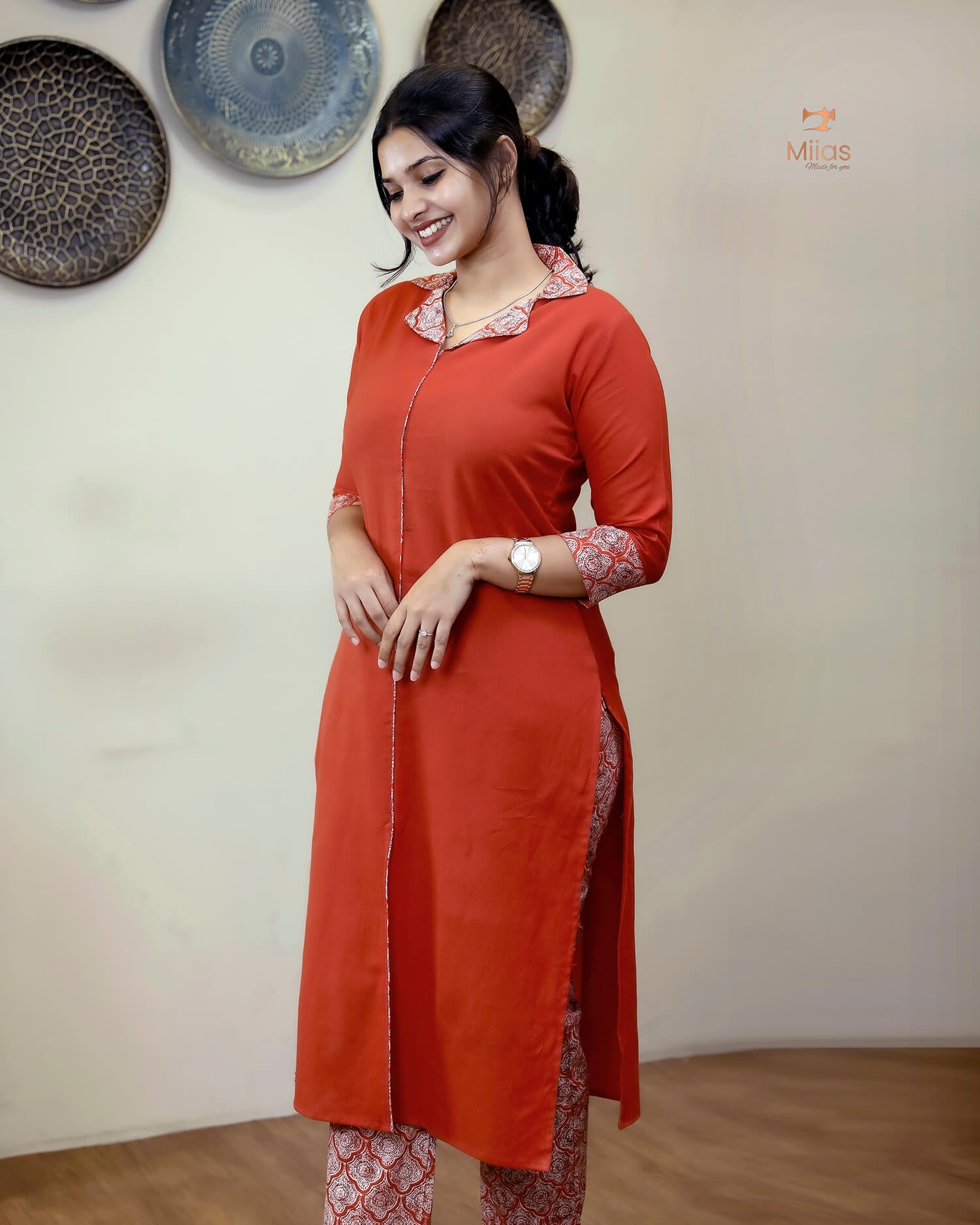 Cotton Co-ord Set with Double Collar & Printed Borders