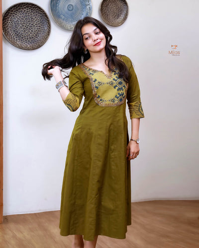 Lawn Cotton | Panel Kurti | Ajrakh Beaded Yoke | Burnt Olive