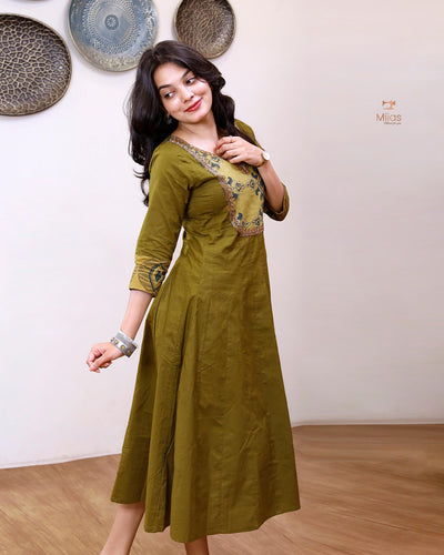 Lawn Cotton | Panel Kurti | Ajrakh Beaded Yoke | Burnt Olive