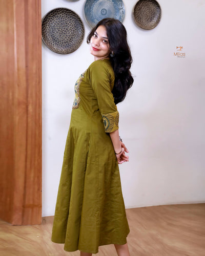 Lawn Cotton | Panel Kurti | Ajrakh Beaded Yoke | Burnt Olive