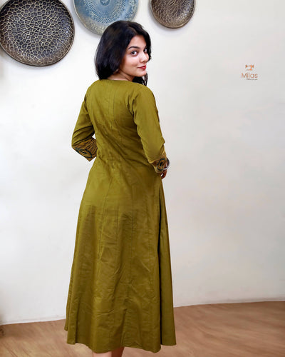 Lawn Cotton | Panel Kurti | Ajrakh Beaded Yoke | Burnt Olive