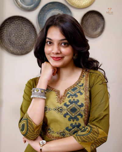 Lawn Cotton | Panel Kurti | Ajrakh Beaded Yoke | Burnt Olive