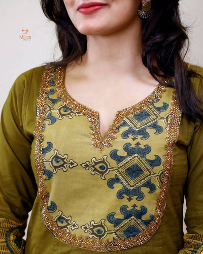 Lawn Cotton | Panel Kurti | Ajrakh Beaded Yoke | Burnt Olive