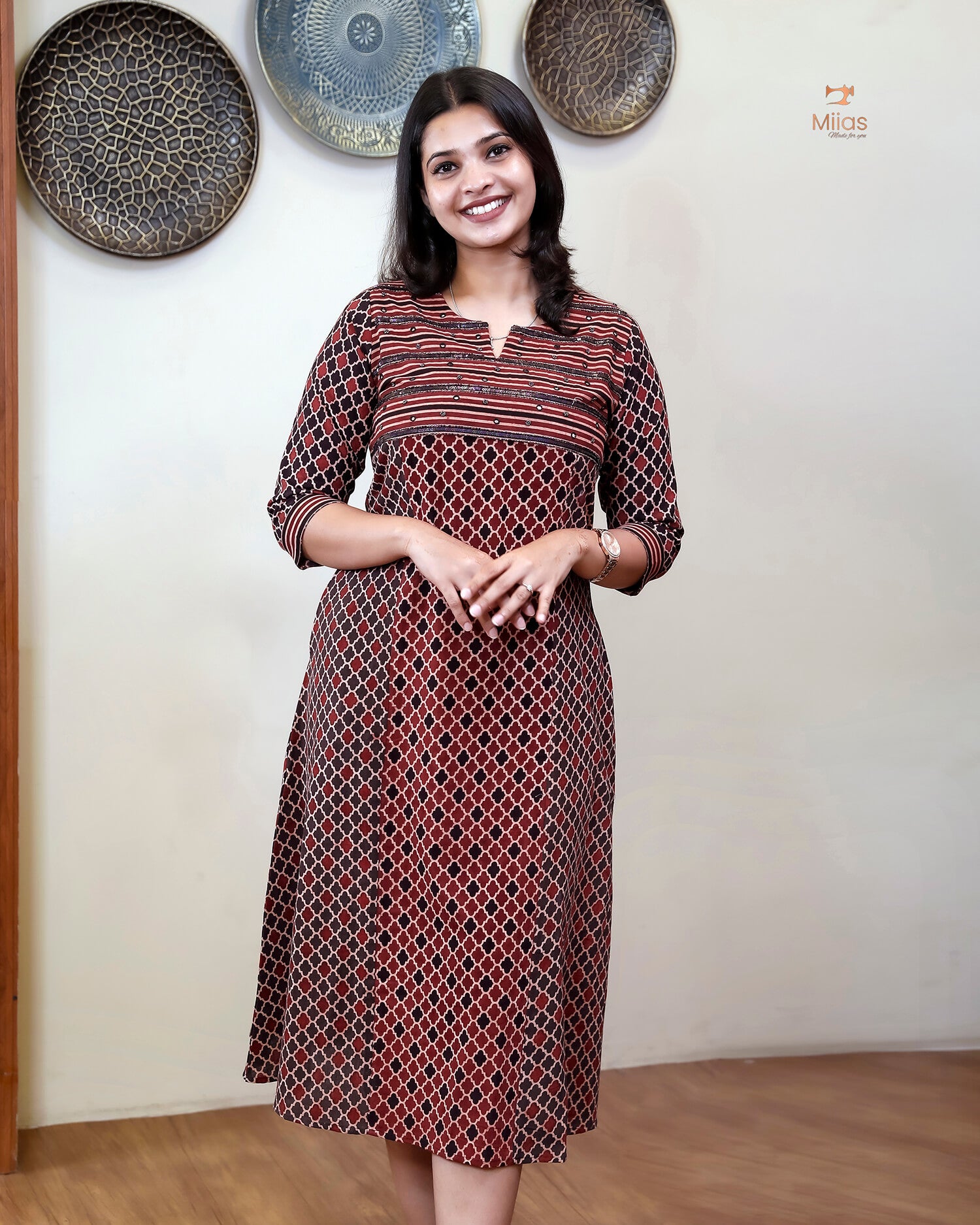 Handblock Print Ajrakh Cotton Kurti: Embroidered Yoke & Two-Tone Style-Black