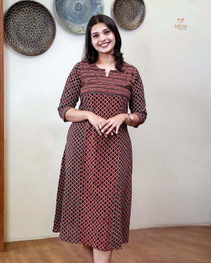 Handblock Print Ajrakh Cotton Kurti: Embroidered Yoke & Two-Tone Style-Black