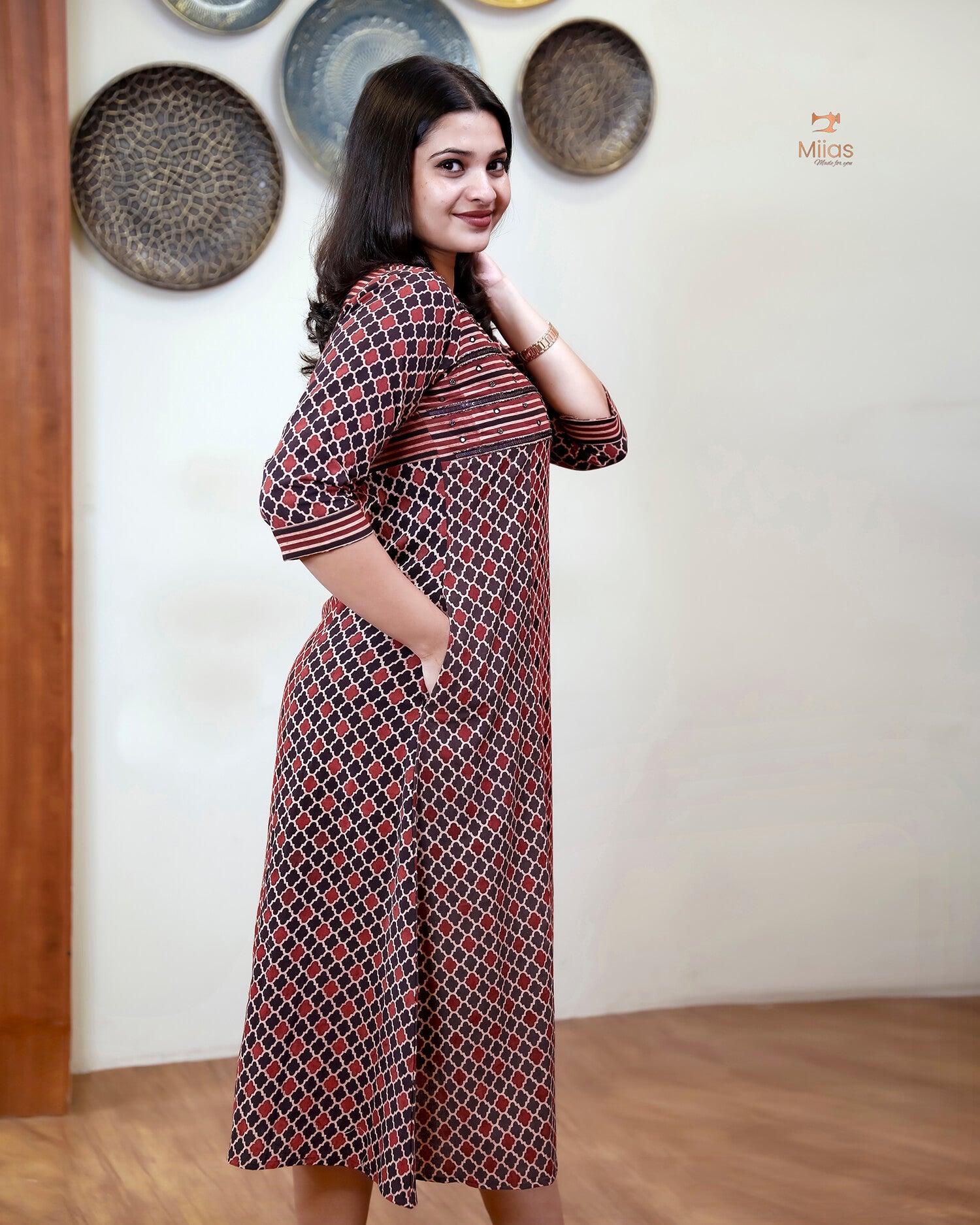 Handblock Print Ajrakh Cotton Kurti: Embroidered Yoke & Two-Tone Style-Black