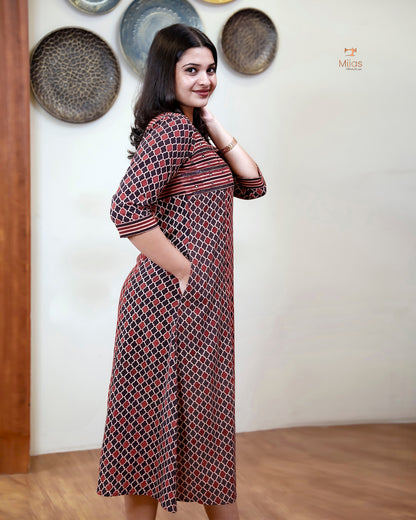Handblock Print Ajrakh Cotton Kurti: Embroidered Yoke & Two-Tone Style-Black