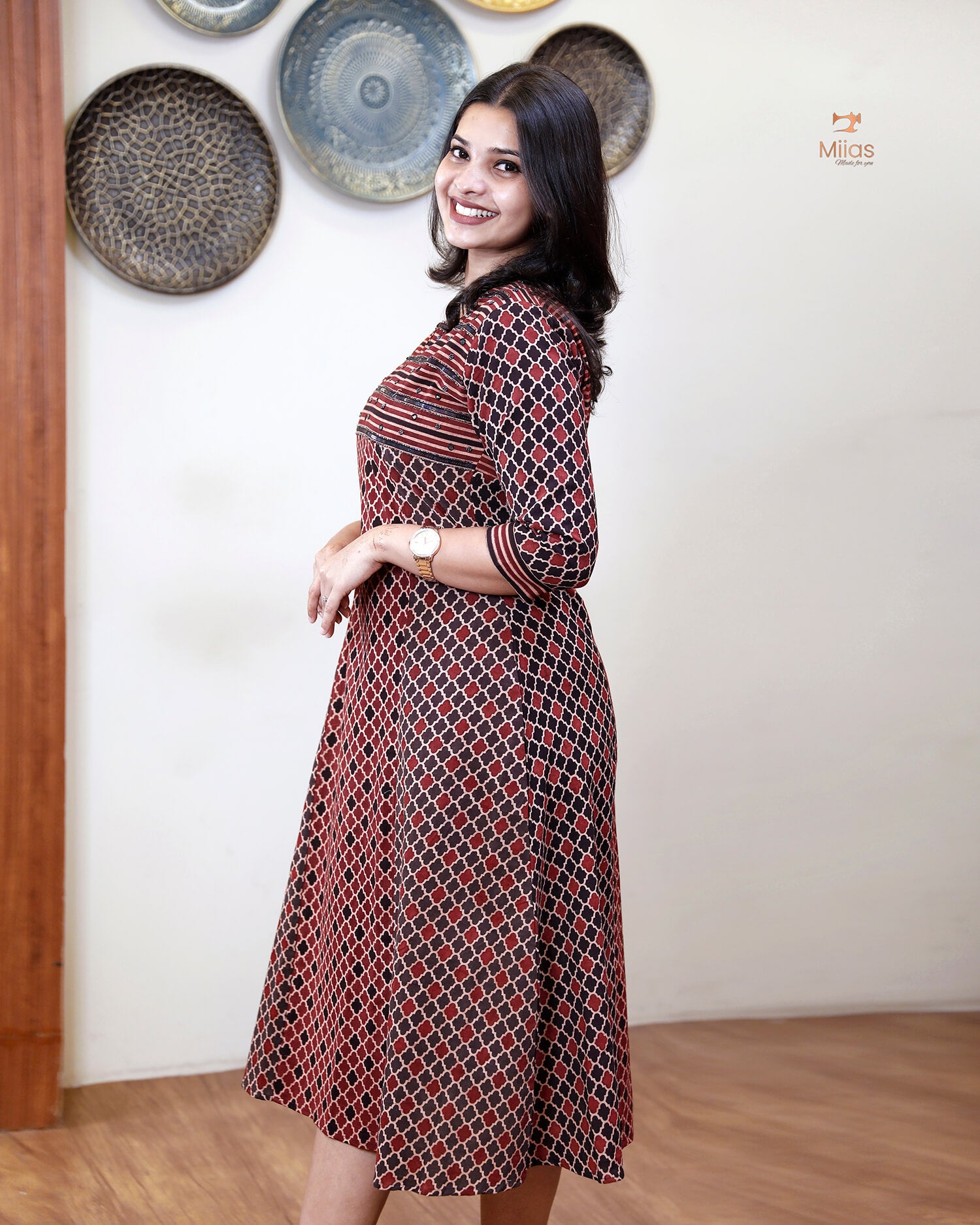 Handblock Print Ajrakh Cotton Kurti: Embroidered Yoke & Two-Tone Style-Black