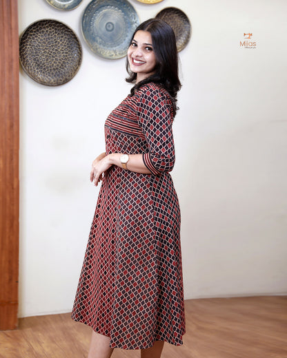 Handblock Print Ajrakh Cotton Kurti: Embroidered Yoke & Two-Tone Style-Black
