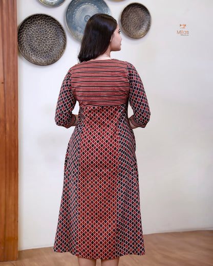 Handblock Print Ajrakh Cotton Kurti: Embroidered Yoke & Two-Tone Style-Black