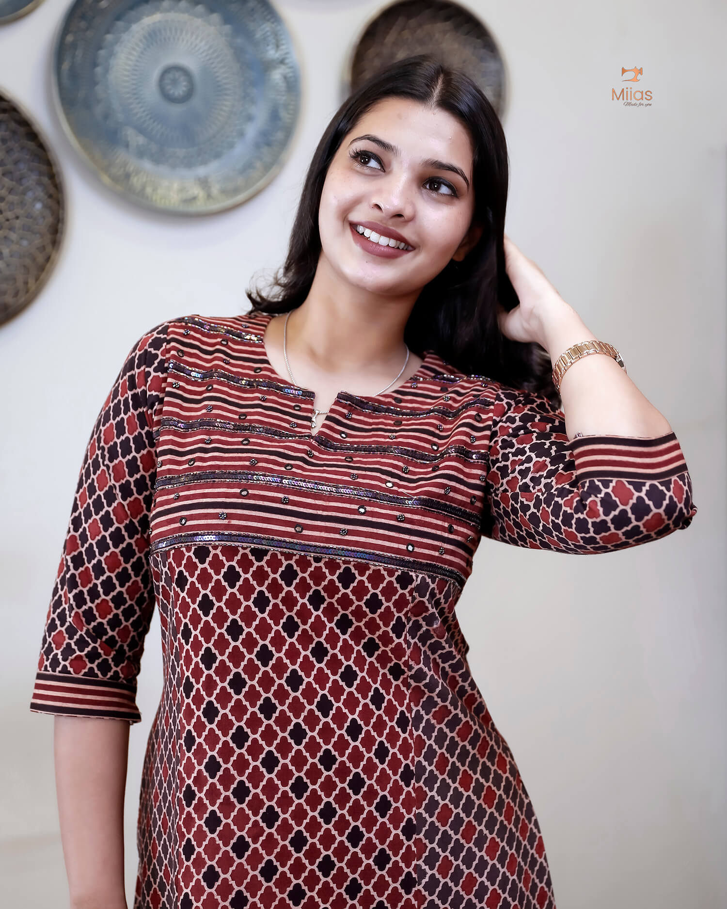 Handblock Print Ajrakh Cotton Kurti: Embroidered Yoke & Two-Tone Style-Black