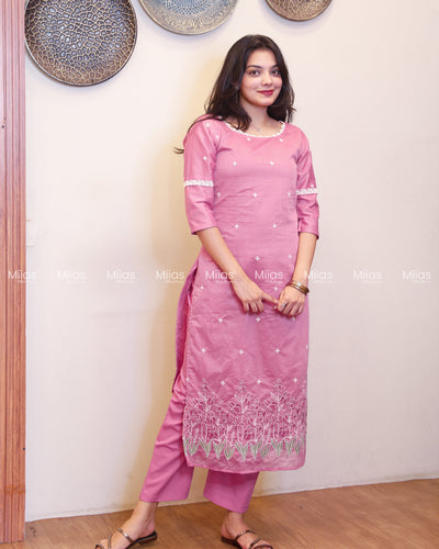 Mul Chanderi Co-ord Set | Embroidered Top + Semi-Parallel | Pink