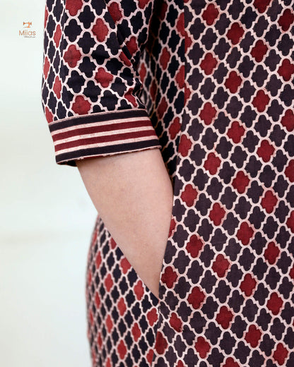 Handblock Print Ajrakh Cotton Kurti: Embroidered Yoke & Two-Tone Style-Black