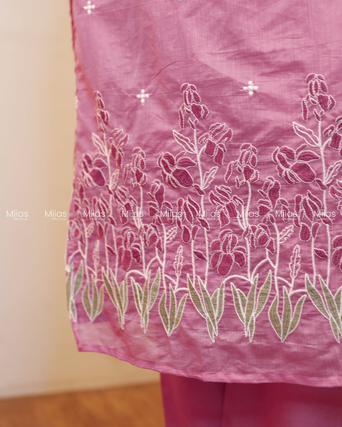 Mul Chanderi Co-ord Set | Embroidered Top + Semi-Parallel | Pink